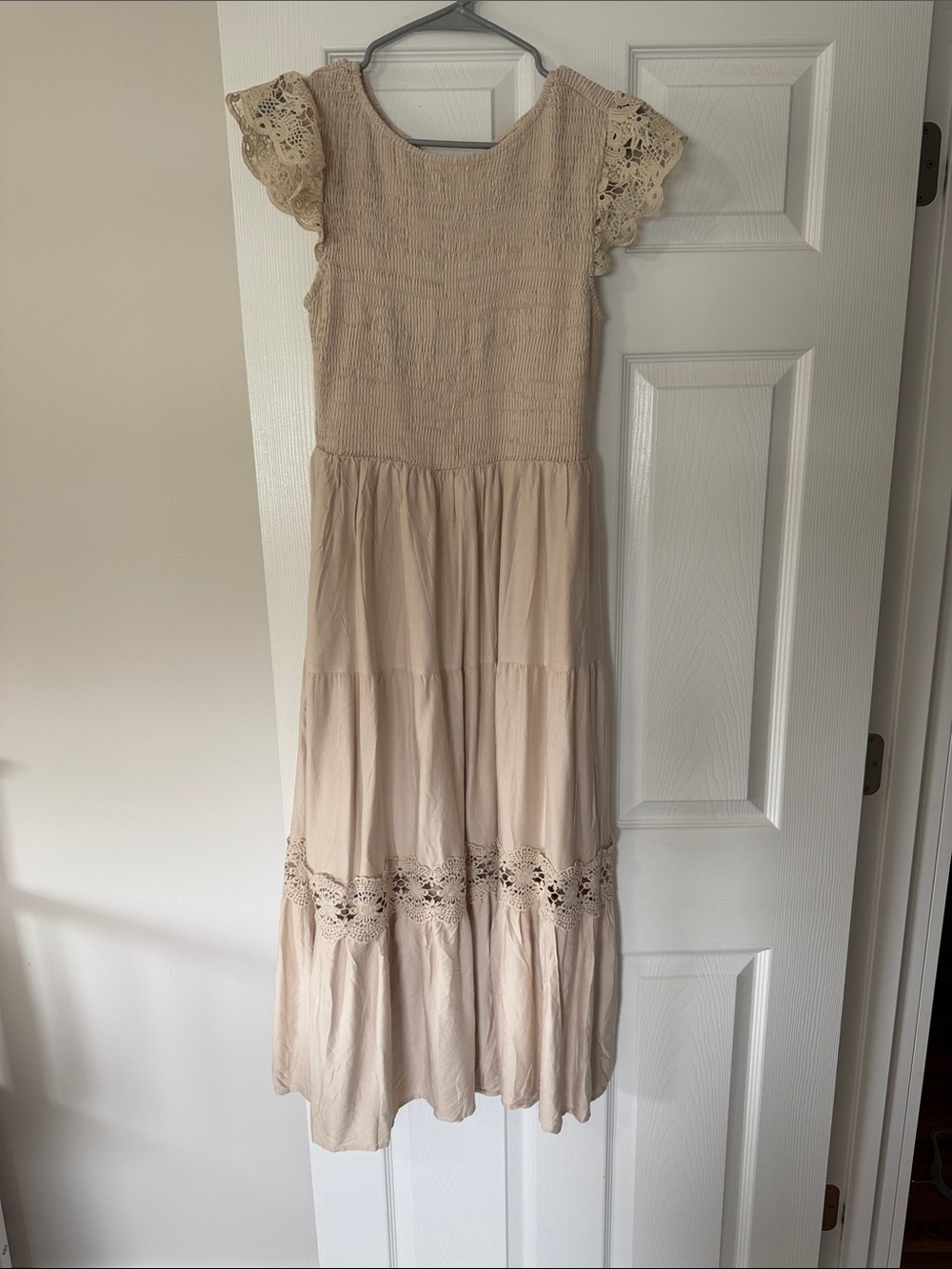 Womans Cream Tiered Lace Trim Dress